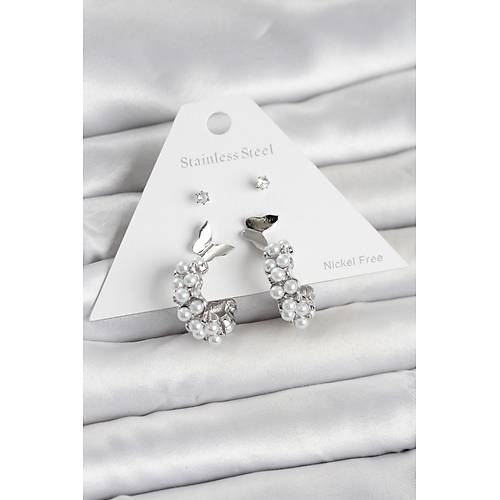 Pirin� G�m�� Renk Kelebek Detayl� Kad�n K�pe Seti