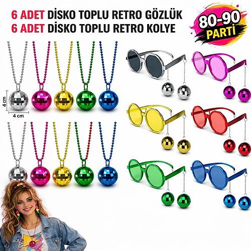 12 Par�a 80-90 Retro Parti Seti Disco Toplu G�zl�k ve Kolye