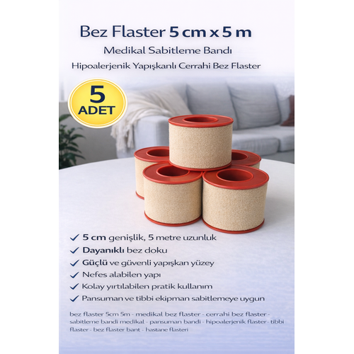 Bez Flaster 5 cm x 5 m Medikal Sabitleme Band� Hipoalerjenik Yap��kanl� Cerrahi Bez Flaster 5 ADET