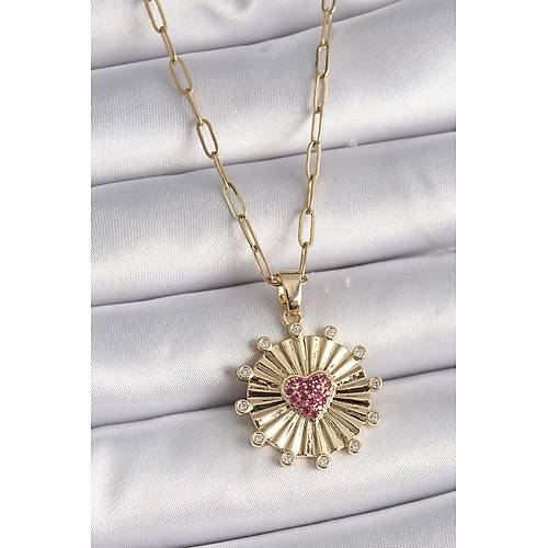 316L �elik Gold Renk Pembe Zirkon Ta�l� Kalp ��leme Madalyon Model Kad�n Kolye