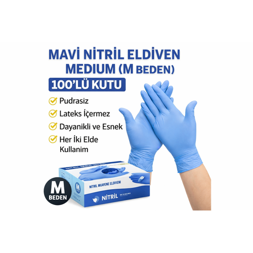 Mavi Nitril Eldiven Medium M Beden Pudras�z 100�l� 1 Kutu Tek Kullan�ml�k Muayene Eldiveni Lateksiz Koruyucu Eldiven