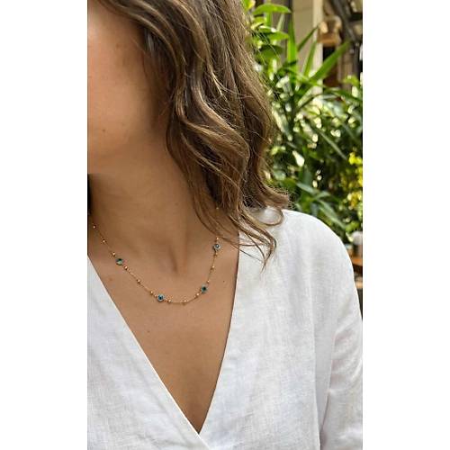 316L �elik Gold Renk Nazarl� ve Top�uklu Model Kad�n Kolye