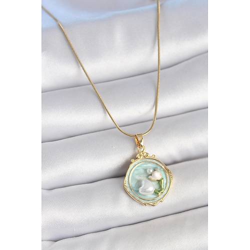 316L �elik Gold Renk Zincir Turkuaz Mineli �ncili �i�ek ��lemeli Portre Model Kad�n Kolye