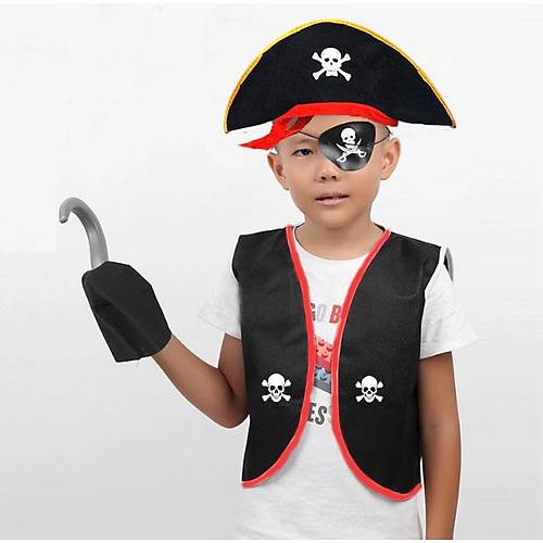 Korsan Yelek + �apka + Kanca + Maske �ocuk Boy 4-6 Ya�