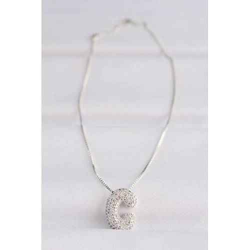 316L �elik Zincirli Zirkon Ta�l� C Harfli Silver Renk Bubble Kolye