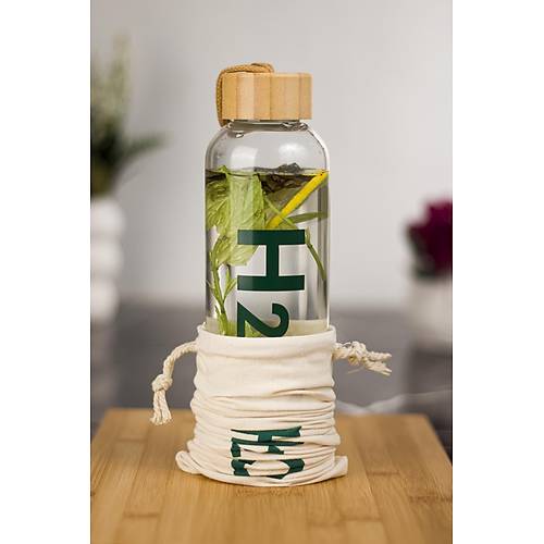H2o Borosilikat Cam Matara Bambu Vakum Kapakl� Su �i�esi Suluk (Kuma� K�l�f Hediyeli) 600 ML