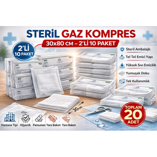 Steril Gaz Kompres 30x80 cm 2'li 10 Paket Tel Tel Span� Steril Gazl� Bez Yara Bak�m Kompresi