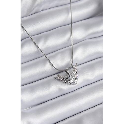 316L �elik G�m�� Renk Zirkon Ta�l� Boynuz Model Kad�n Kolye