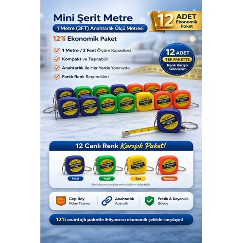 Mini �erit Metre 1 Metre 3FT Anahtarl�k �l�� Metresi Ta��nabilir Cep Metre 12 Adet