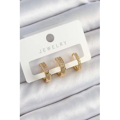 Pirin� Zirkon Ta�l� Halka Model Gold Renk 3'l� �ift Kad�n K�pe Set