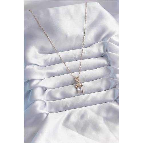 316L �elik Zincir Gold Renk Zirkon Ta�l� Ta� Model Kad�n Kolye