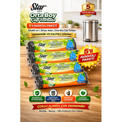 Star Plus Orta Boy ��p Torbas� 20'li 5 Paket 55x60 cm Dayan�kl� S�zd�rmaz Orta Boy ��p Po�eti