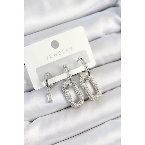 Pirin� Zirkon Ta�l� Dikd�rtgen Model G�m�� Renk 3'l� �ift Kad�n K�pe Set