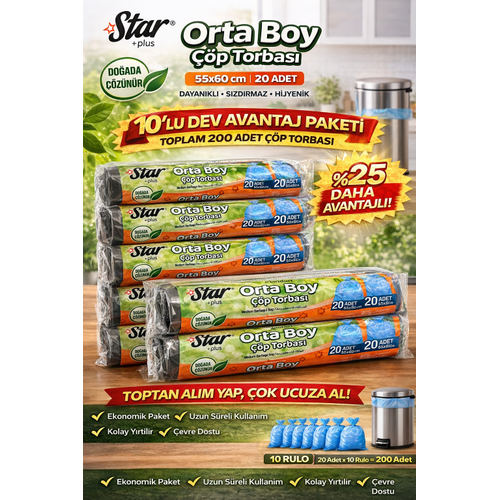 Star Plus Orta Boy ��p Torbas� 20'li 10 Paket 55x60 cm Dayan�kl� S�zd�rmaz Orta Boy ��p Po�eti