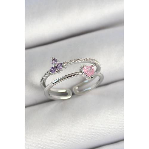 Pirin� Kalp Ve �i�ek Fig�rl� Zirkon Ta�l� G�m�� Renk Ayarlanabilir Kad�n Y�z�k