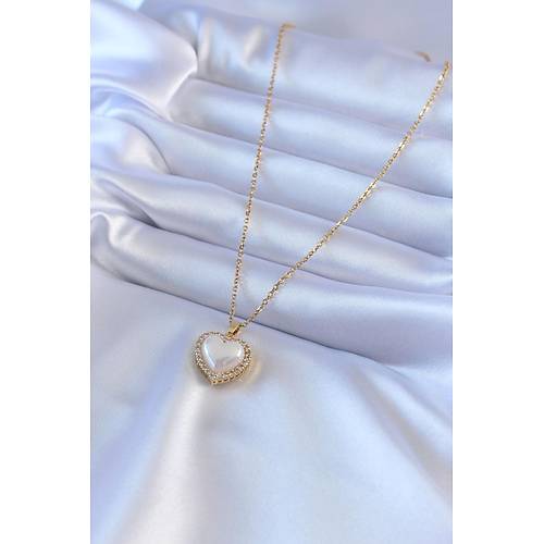 316L �elik Gold Renk �ncili Kalp Model Zirkon Ta�l� Kad�n Kolye