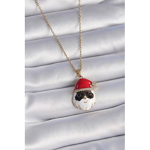 316L �elik Gold Renk Zincir Zirkon Ta�l� Y�lba�� Temal� Noel Baba Fig�r Kad�n Kolye