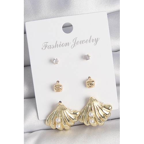 Pirin� Gold Renk Zirkon Ta�l� �nci Detayl� Deniz Kabu�u Model 3 �ift Kad�n K�pe Seti