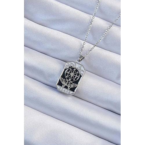 316L �elik Zincir G�m�� Renk ��lemeli Siyah Mineli Tarot Kolye