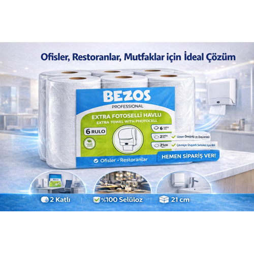 Bezos Professional Fotoselli Havlu 6 Rulo � 2 Katl� %100 Sel�loz 21 cm End�striyel Ka��t Havlu
