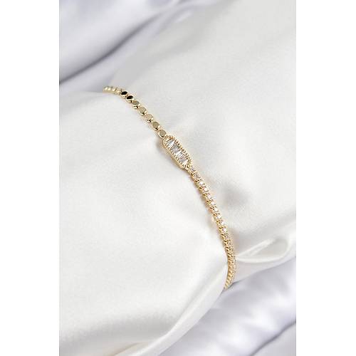 Pirin� Zirkon Ta�l� Dikd�rtgen Model Ezme Zincir Gold Renk Kad�n Bileklik