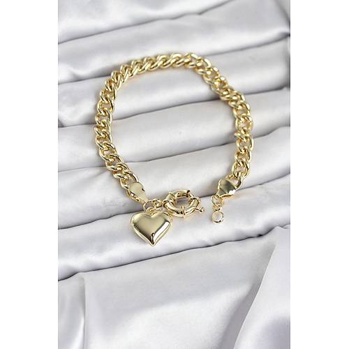 Kalp Detayl� Gold Renk Pirin� Kad�n Bileklik