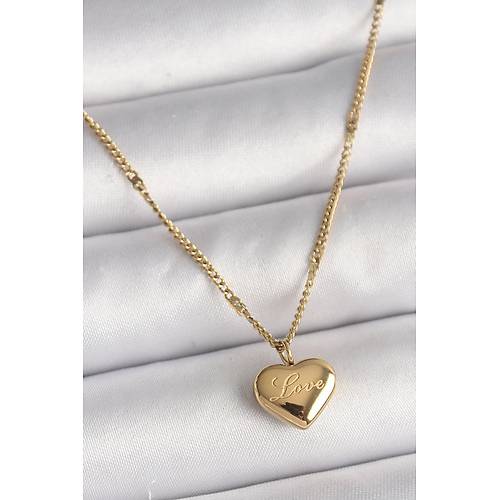 316L �elik Gold Renk Zincir Love ��lemeli Kalp Fig�r Kad�n Kolye