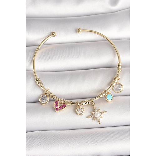 Pirin� Gold Renk Zirkon Ta�l� Sallant� Kutup Y�ld�z Fig�r �nci Detay Charm Kad�n Bileklik