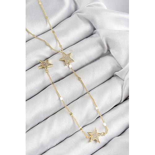 Pirin� Zirkon Ta�l� Y�ld�z Model Gold Renk Y Kolye