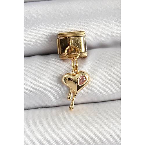 316L �elik Sallant�l� Zirkon Ta�l� Eriyen Kalp Model Gold Renk Nomination Charm