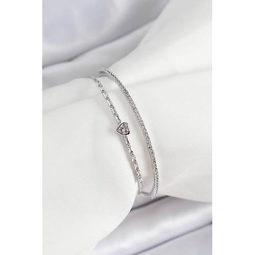 Pirin� G�m�� Renk Zirkon Ta�l� Kalp Detayl� Kad�n Bileklik