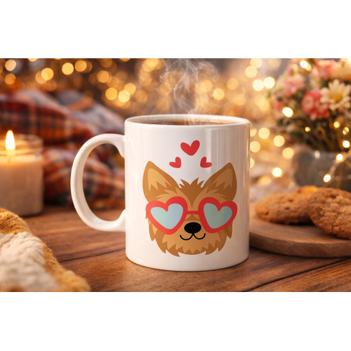 Sevimli Yorkshire Terrier Tasar�ml� Porselen Kupa Model 49 � Kalpli G�zl�kl� K�pek Desenli, Hediye Kupas�