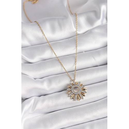 316L �elik Gold Renk Zincir Zirkon Ta�l� Mix Renk G�ne� Model Kad�n Kolye