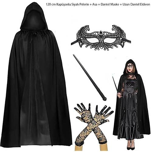 120 cm Kap��onlu Siyah Pelerin + Asa + Dantel Maske + Uzun Dantel Siyah Eldiven Kost�m Seti