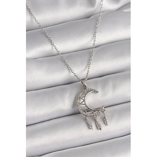 316L �elik G�m�� Renk Zincir Zirkon Ta�l� Hilal Model Sallant� Yaprak Detay Kad�n Kolye