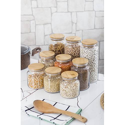 9'lu Bambu Kapakl� Cam Kavanoz & Erzak Saklama Kab� Seti 3* 1.3 Lt + 0.80 Lt + 0.50 Lt (Vakum Kapak)