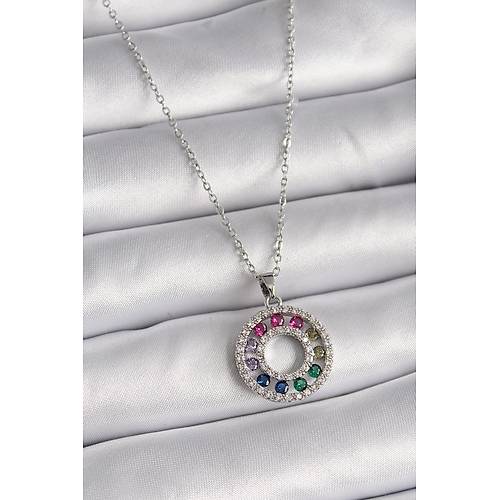 316L �elik G�m�� Renk Zincir Renkli Zirkon Ta�l� Madalyon Model Kad�n Kolye