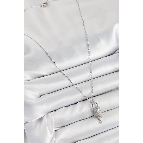 316L �elik Zirkon Ta�l� Kilit Ve Sallant�l� Anahtar Model G�m�� Renk Kad�n Kolye