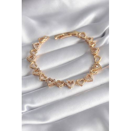 Pirin� Gold Renk Zirkon Ta�l� Kalp Model VIP Seri Kad�n Bileklik