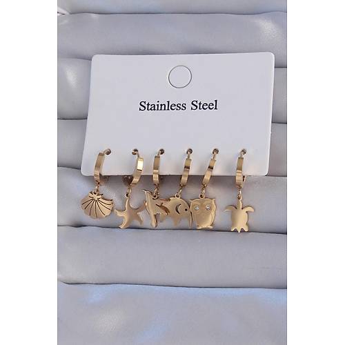 316L �elik Gold Renk Zirkon Ta�l� Hayvan Fig�rl� Deniz Y�ld�z� Model Halka K�pe Seti