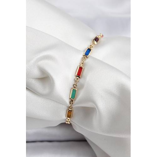Pirin� Gold Renk Kar���k Renkli Kare Zirkon Ta�l� Kad�n Bileklik