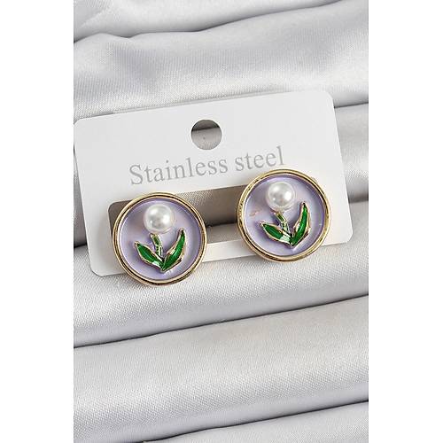 Pirin� Mor Mineli Lale Fig�rl� Sanatsal Portre Model Gold Renk Kad�n K�pe