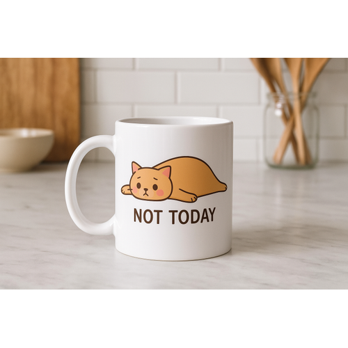 Not Today Yaz�l� Sevimli Kedi Tasar�ml� Kupa Model 217 Bask�l� Seramik Kahve Kupas�