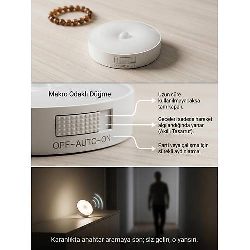 Hareket Sens�rl� Yuvarlak LED Ayd�nlatma & USB �arjl� Pratik Gece Lambas� (8 cm)