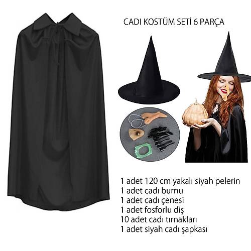 Cad� Kost�m Seti 6 Par�a - �apka Pelerin Di� T�rnaklar �ene ve Burun