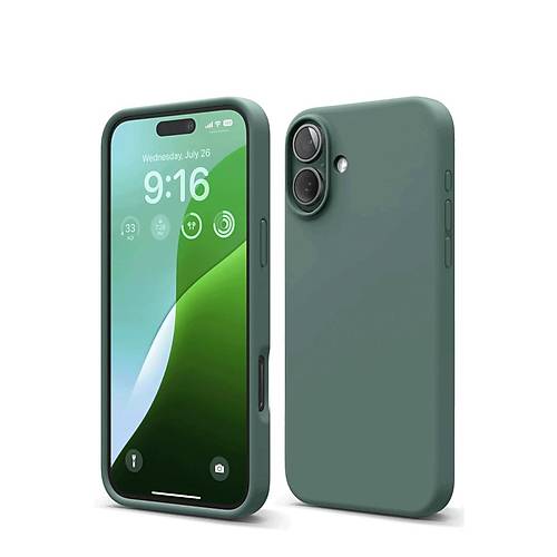 iPhone 16 K�l�f Nano i�i Kadife Silikon - Koyu Ye�il
