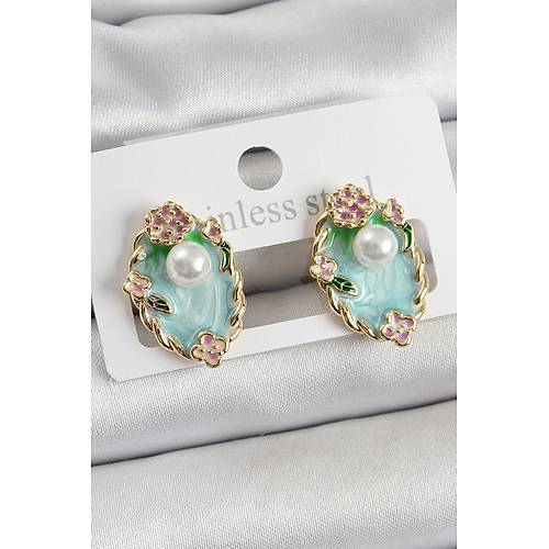 Pirin� Ye�il Mineli �nci Detayl� Sanatsal Portre Model Gold Renk Kad�n K�pe