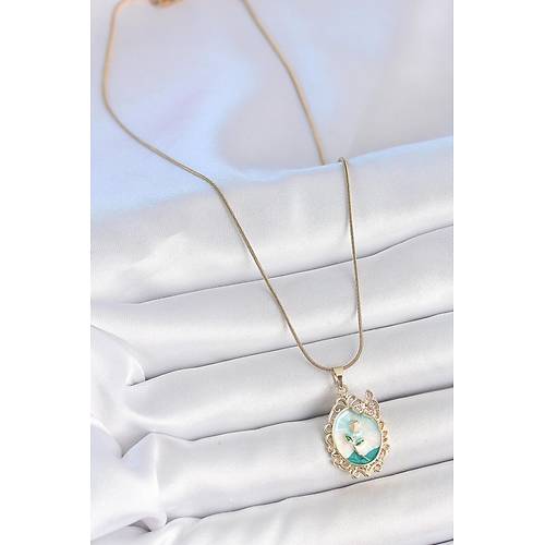 316L �elik Gold Renk Zincir Mavi Mineli �i�ek ��lemeli Zirkon Ta� Detayl� Portre Model Kad�n Kolye