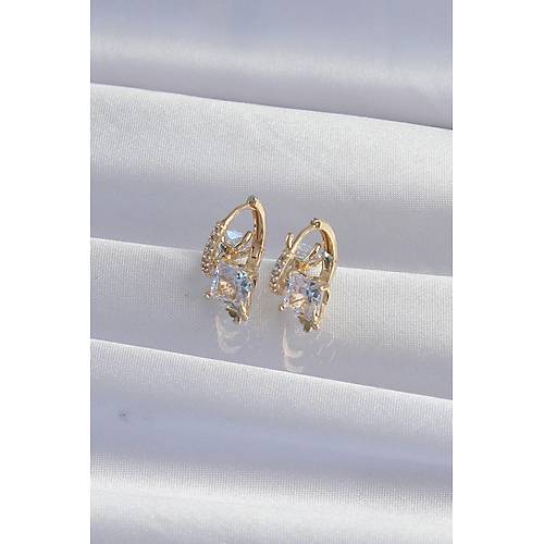 Pirin� Gold Renk �ri Zirkon Ta�l� K�vr�ml� Minimal Kelebekli Halka K�pe