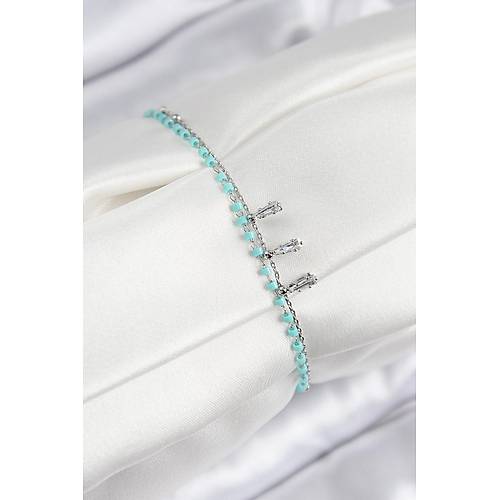 Pirin� Zirkon Ta�l� Mavi Boncuklu Model G�m�� Renk Kad�n Bileklik